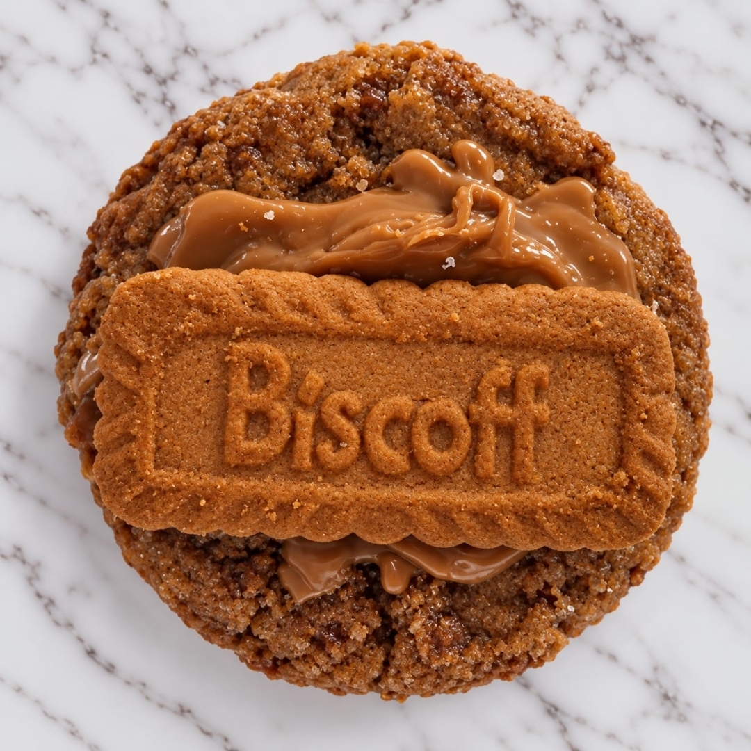 A Biscoff Cookie topped with Biscoff spread and a whole Biscoff biscuit