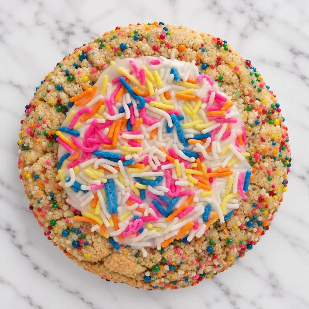A vanilla Sprinkle Cookie covered in colourful sprinkles with a sweet icing glaze