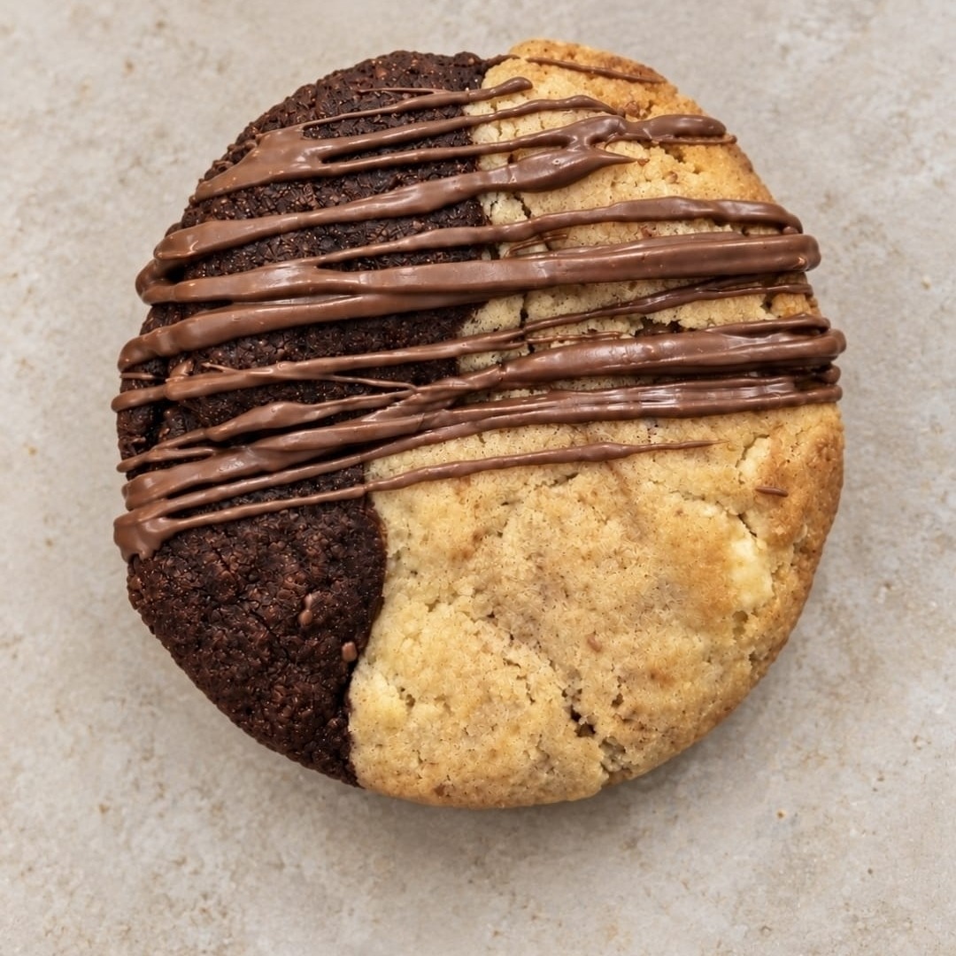 A Half and Half cookie, half chocolate and half vanilla, finished with a chocolate drizzle