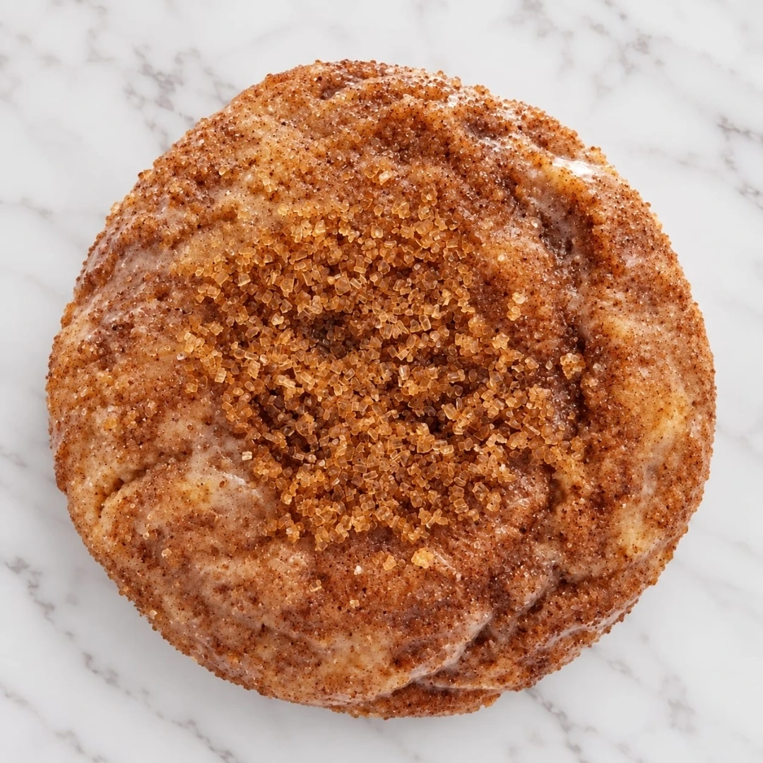 A Cinnabon Crunch cookie rolled in cinnamon sugar with a generous coating of icing glaze