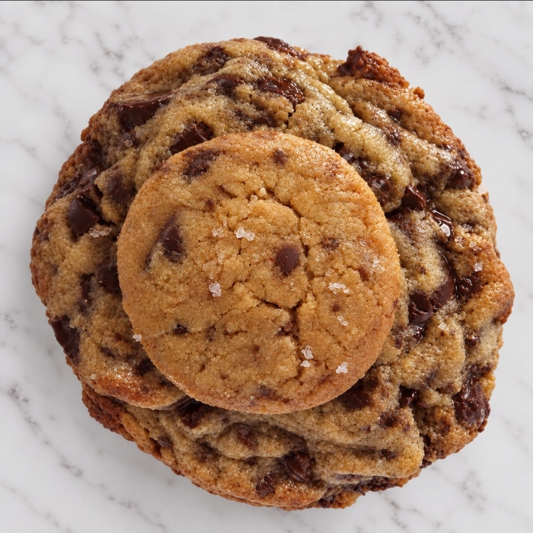 A large chocolate chip cookie with a golden edge and melted chocolate chunks