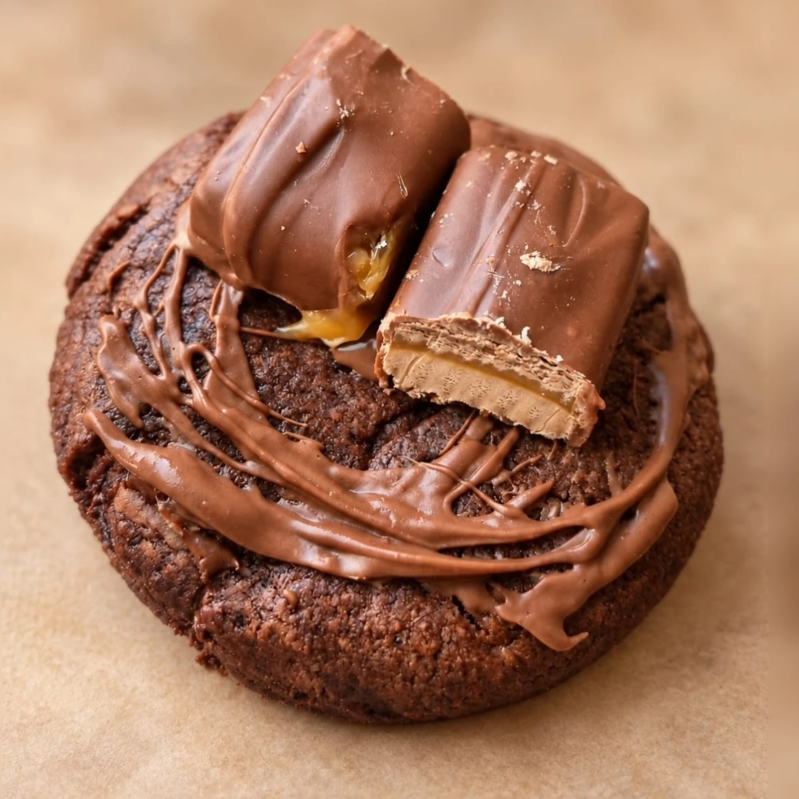 Mr Choc cookie topped with melted chocolate and pieces of a caramel and nougat chocolate bar