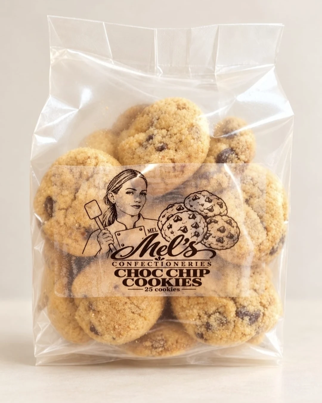 A packet of Mel’s mini choc chip cookies with 20 cookies inside and the Mel’s label on the front