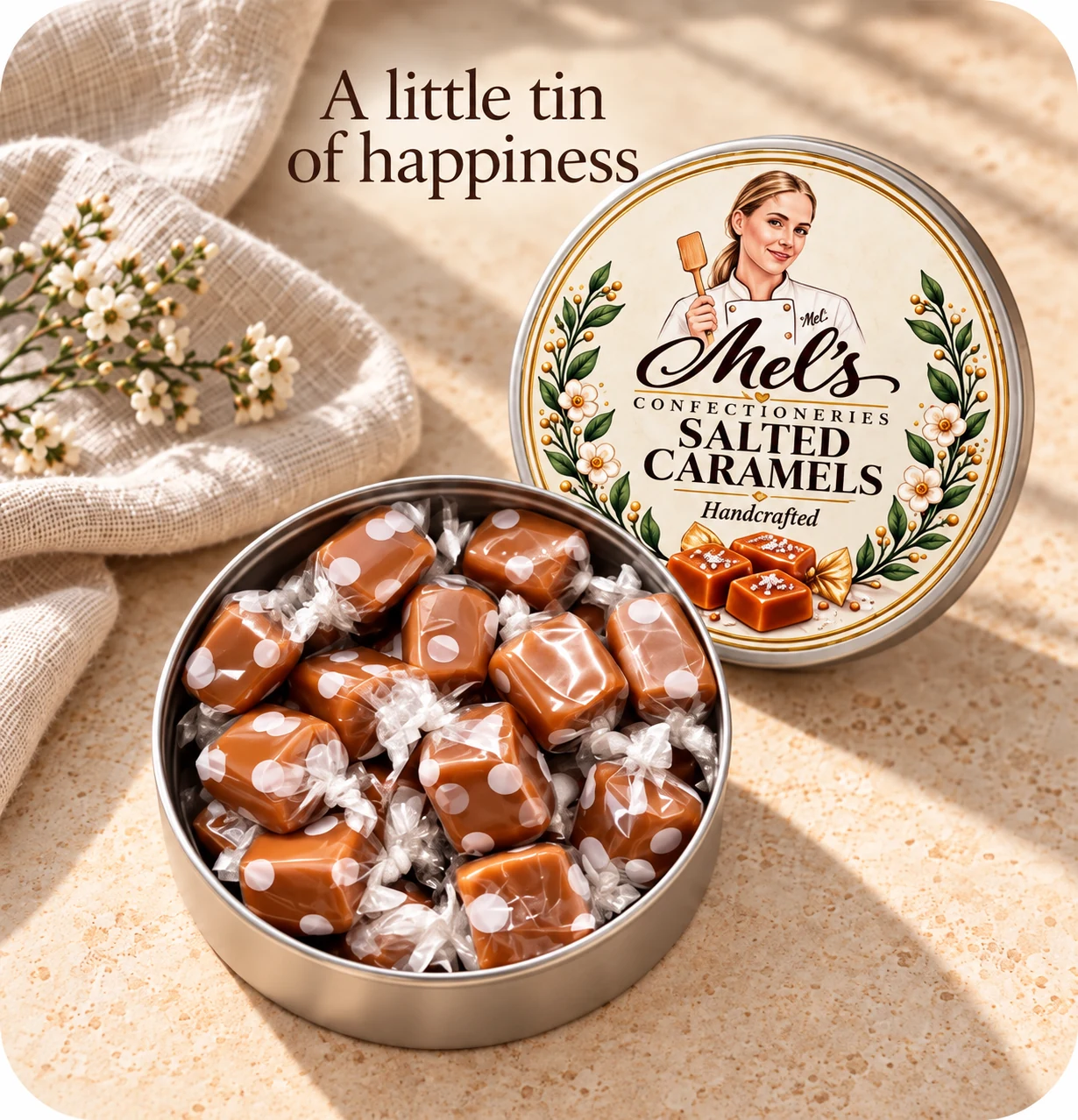 A tin filled with Mel’s individually wrapped handcrafted salted caramels