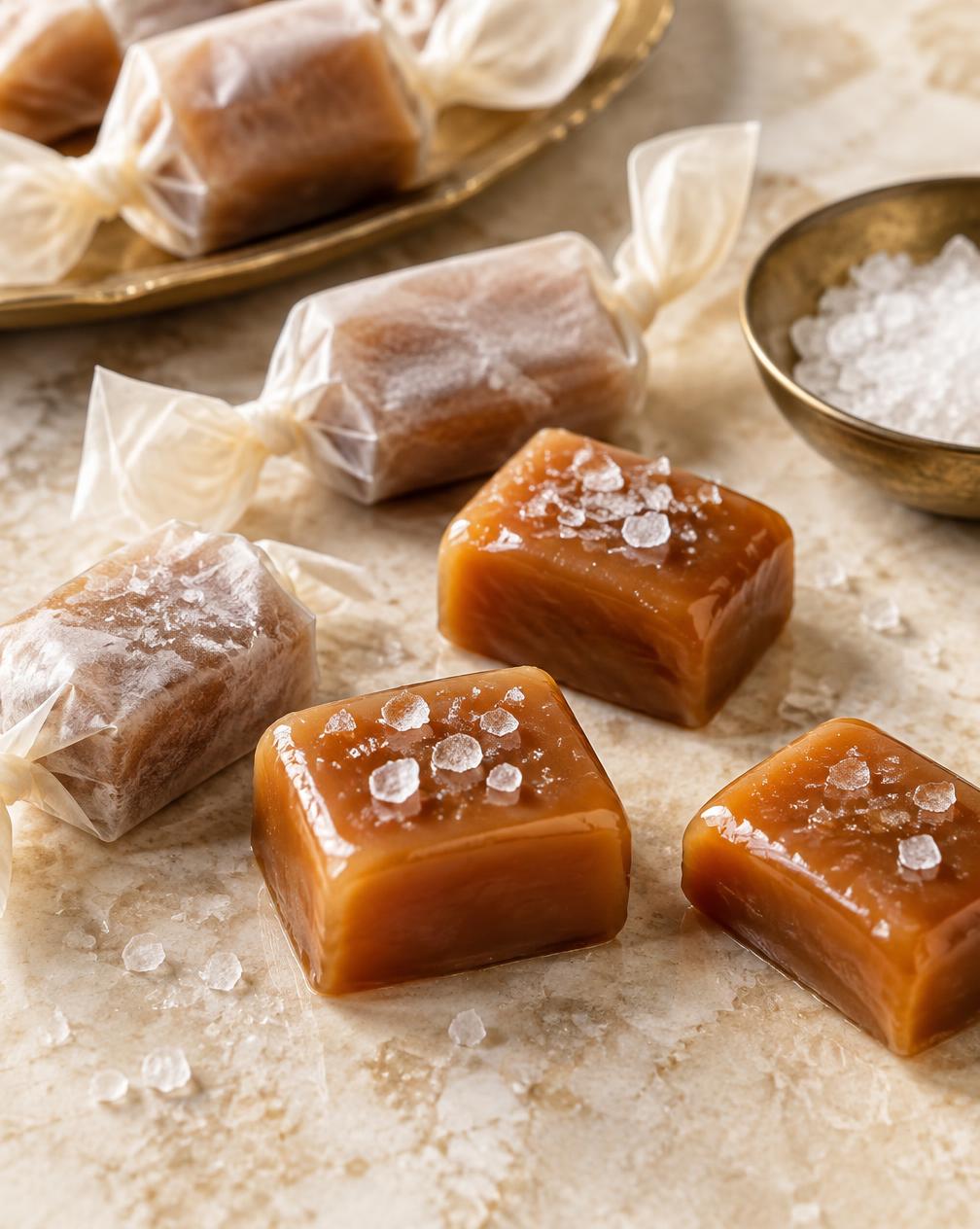 Soft handmade caramels topped with sea salt