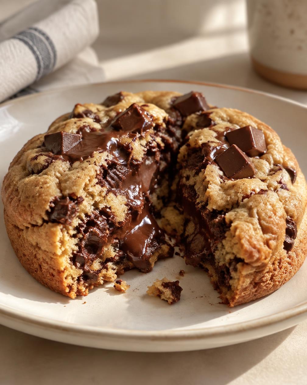 Thick American-style chocolate cookie broken open