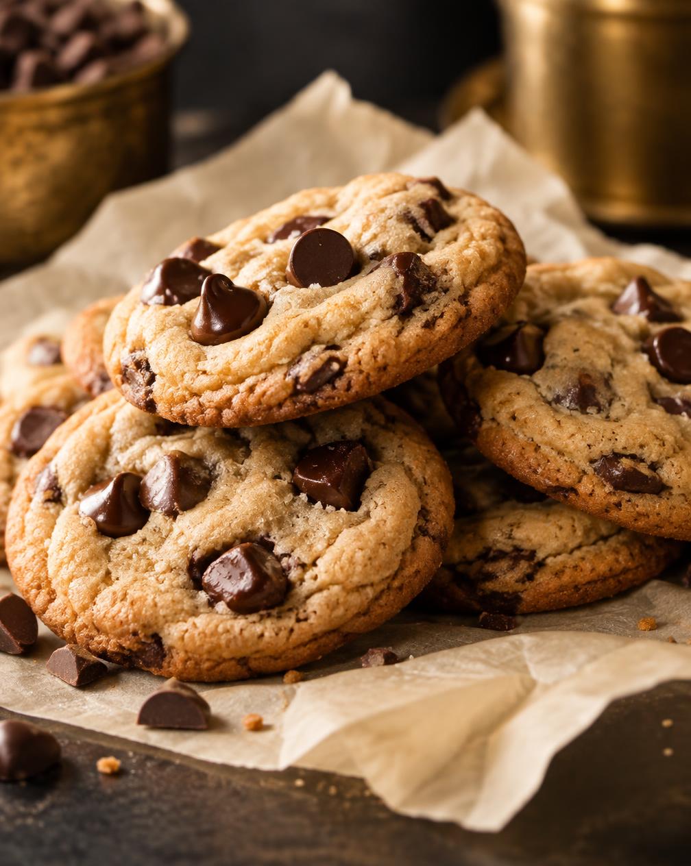 Stack of small handmade chocolate-chip cookies